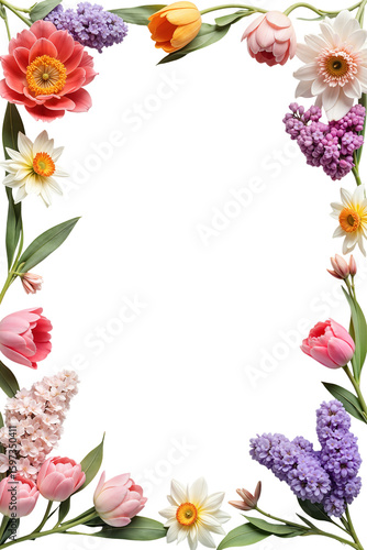 Elegant rectangular floral border with pastel roses, tulips, and lilacs. Perfect for wedding invitations, greeting cards, or spring designs. Transparent background.
