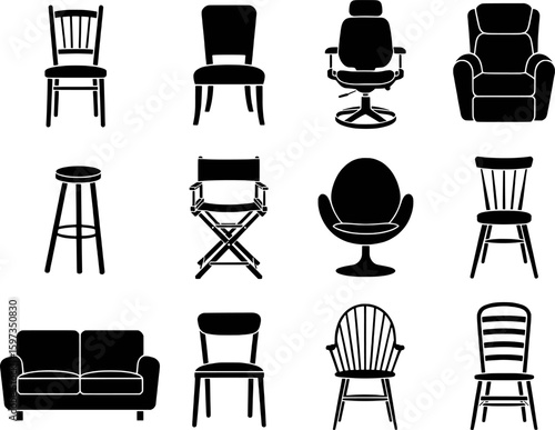Collection of various black chairs and a sofa stool recliner
