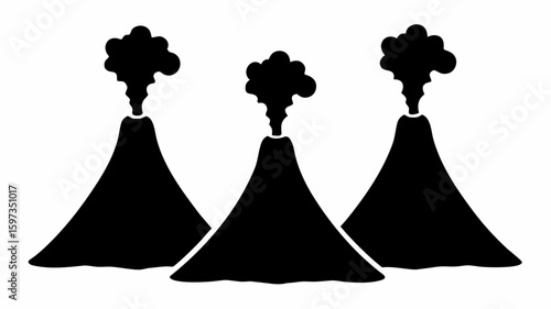 Three volcanoes erupting with smoke in a black and white illustration showing nature and geological activity | editable eps vectors silhouette