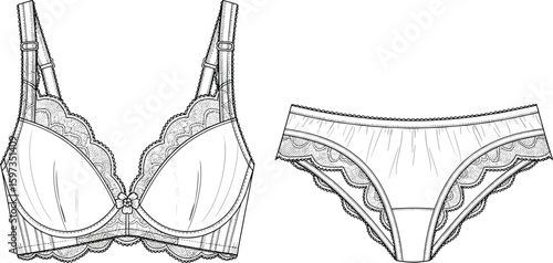 Lingerie flat sketch, fashion CAD drawing of lace bra and panty set, technical vector illustration, women’s underwear design template, intimate apparel sketch