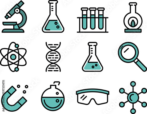 Twelve Teal and Black Science Vector Icons Set Microscope Erlenmeyer Flasks Test Tubes Atom D N