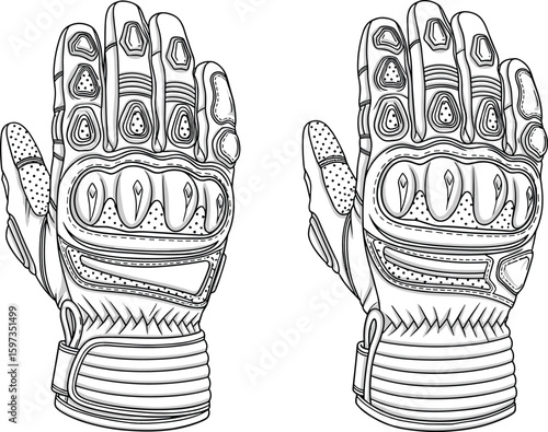 motorcycle gloves flat sketch, protective handwear CAD drawing, technical vector illustration, armored knuckle gloves design, front view template, sports gear fashion sketch
