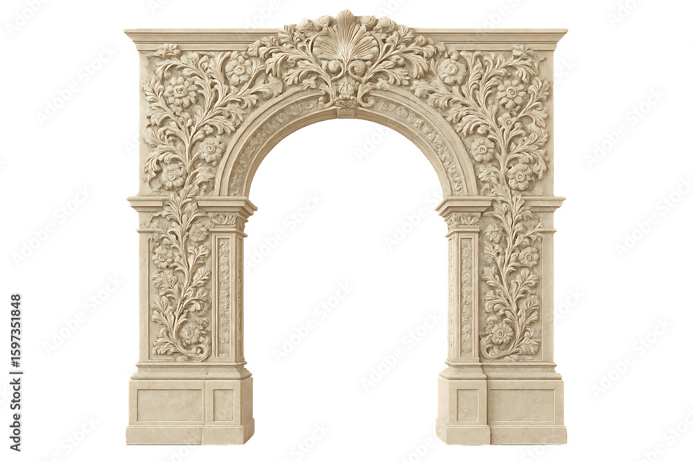 Naklejka premium Baroque stone arch with high relief floral motifs and ornamental vegetal sculptures detailed masonry craftsmanship isolated on transparent background