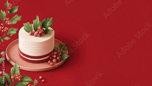 Festive red and white cake with holly