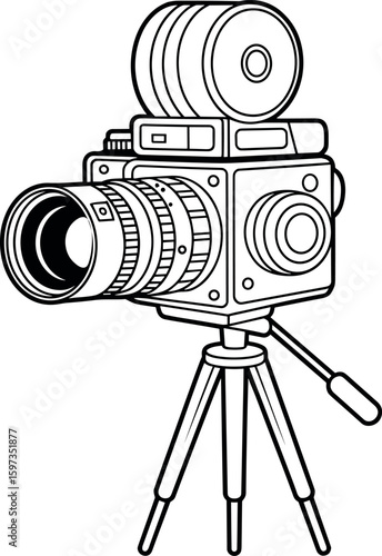 Vintage Film Camera on Tripod Black and White Line Art Illustration Movie Equipment Retro