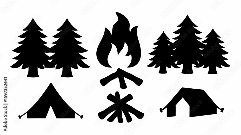 Obraz premium Silhouette of camping scene with tents, trees, and campfire, representing outdoor adventure and nature, ideally 100 | editable eps vectors