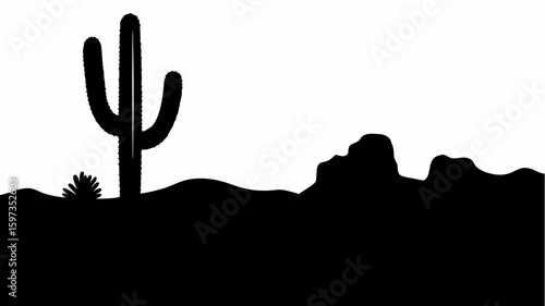 Silhouette of a saguaro cactus and desert vegetation against a white background landscape scene view | editable eps vectors