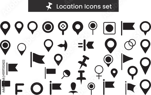 Set of Map Pins, Flags, and Marker Icons in Minimal Black Style