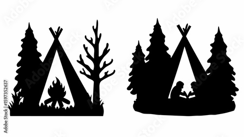 Silhouette scenes of camping with teepees trees campfire and people reading in a forest setting art | editable eps vectors