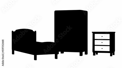 Silhouette of bedroom furniture featuring a bed wardrobe and nightstand with three drawers in black | editable eps vectors