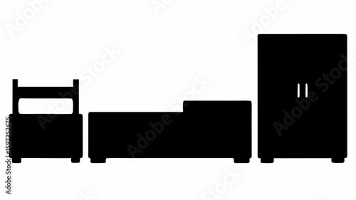 Silhouette depiction of a bed with a headboard next to a nightstand and a wardrobe with two doors | editable eps vectors