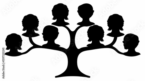 Silhouette depiction of a family tree with eight head silhouettes representing family members shown in black | editable eps vectors