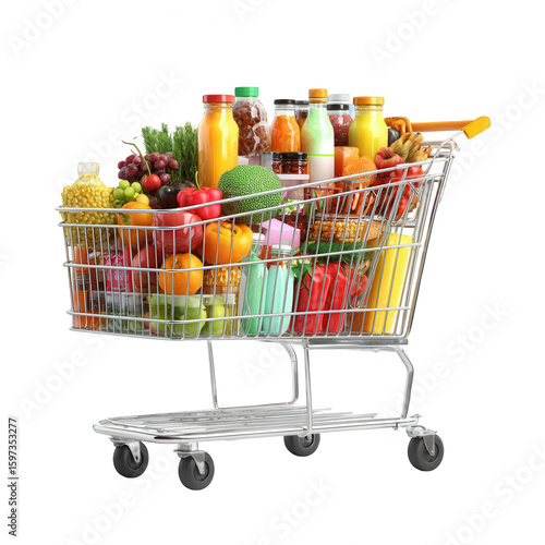 Wallpaper Mural A metal shopping cart overflowing with a diverse selection of fresh produce, packaged juices, and other grocery items Torontodigital.ca