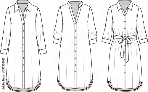 Women’s shirt dress flat sketch, fashion CAD drawing, button-down dress design, technical vector illustration, belted tunic style, long sleeve garment template