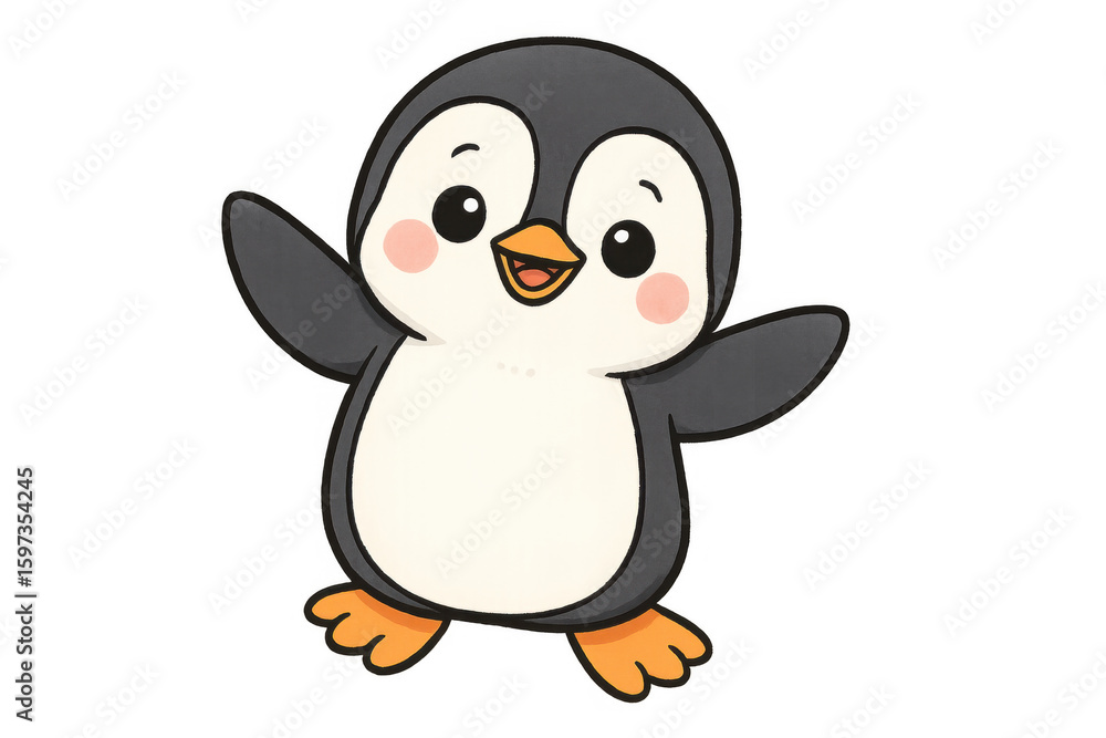 Fototapeta premium Cartoon penguin spreading wings, welcoming with bright smile, radiating playful charm for kid-friendly graphic design and illustrations
