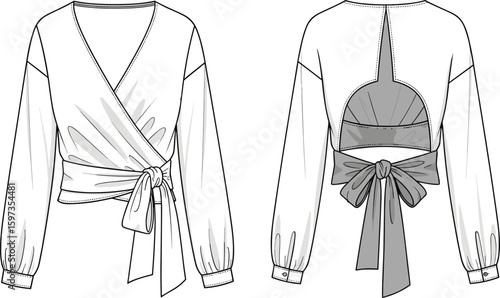 Women’s wrap top flat sketch, fashion CAD drawing, open back blouse with tie detail, technical vector illustration, stylish long sleeve garment design template