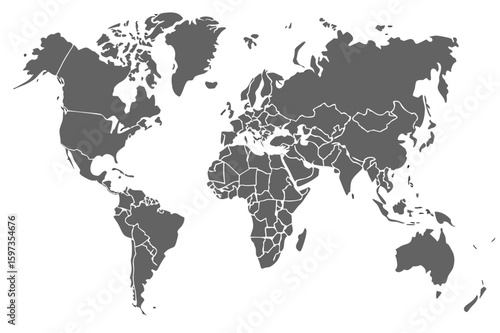 A gray world map showing continents and countries with distinct borders displayed on a white background | editable eps vectors silhouette