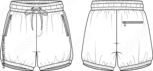 Women's athletic shorts CAD drawing, flat vector illustration, drawstring waist shorts, zip pocket design, curved hem activewear, fashion technical sketch, casual sports shorts