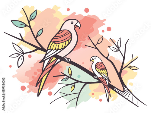 Hand drawn parrots on a branch with leaves. Vector illustration.