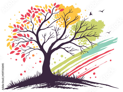 beautiful tree on a background of the autumn landscape, vector illustration