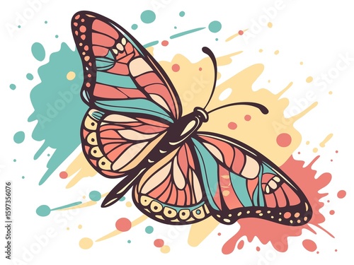 Butterfly on a colorful background with splashes. Vector illustration.