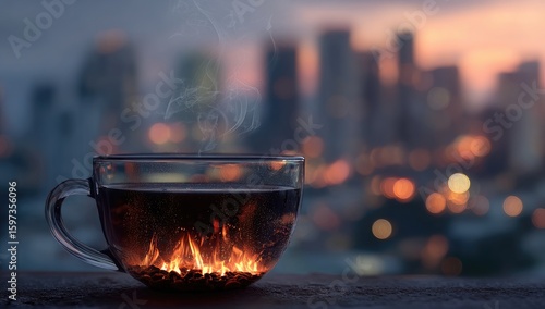 Glass teacup with fire and steam over cityscape at dusk