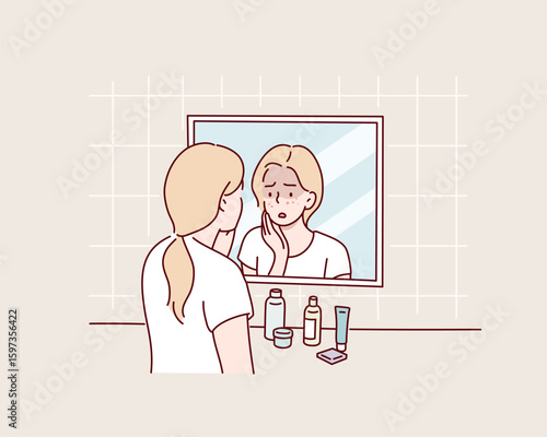 Sad Woman Looking at Herself in Vanity Mirror – Concept of Self-Doubt and Body Image Insecurity. Hand drawn style vector design illustrations.