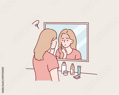 Sad Woman Looking at Herself in Vanity Mirror – Concept of Self-Doubt and Body Image Insecurity. Hand drawn style vector design illustrations.