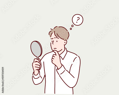 Man Looking at Himself in Hand Mirror with Displeased Expression – Concept of Self-Image and Insecurity. Hand drawn style vector design illustrations.