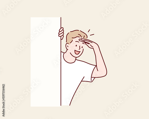 Curious Young Man Peeking Behind Wall – Vector Illustration of Surprise and Joy. Hand drawn style vector design illustrations.