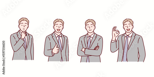 Businessman in Multiple Poses – OK Sign, Arms Crossed, Thumbs Up, Thinking with Hand on Chin. Hand drawn style vector design illustrations.