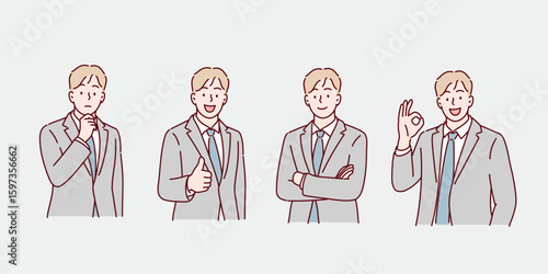 Businessman in Multiple Poses – OK Sign, Arms Crossed, Thumbs Up, Thinking with Hand on Chin. Hand drawn style vector design illustrations.
