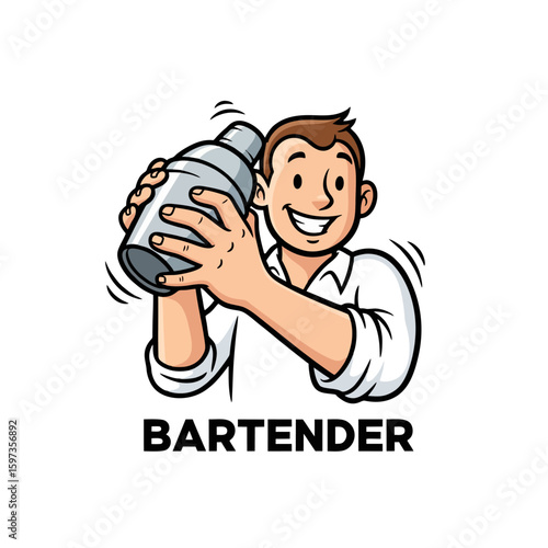 Cartoon Bartender Logo, Smiling Hands Shaking a Cocktail Shaker, Fun and Simple Lines