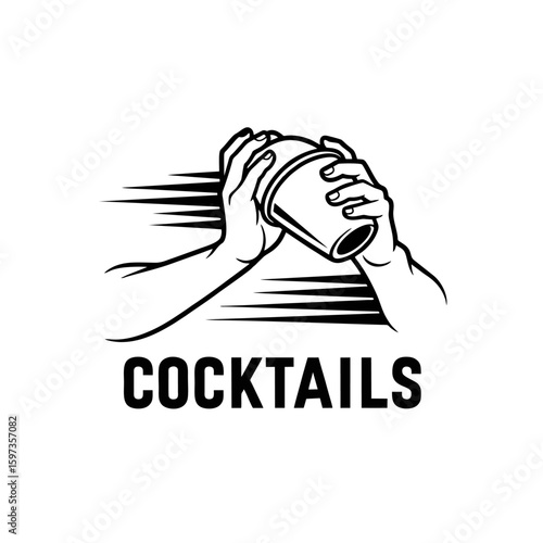 Line Art Bartender Logo, Hands Shaking Cocktail Mixer With Motion Lines