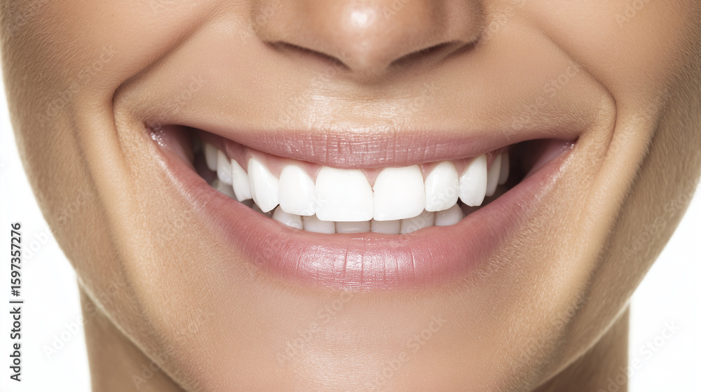 Fototapeta premium Close-up of a bright and radiant smile with flawless white teeth against a clean background.