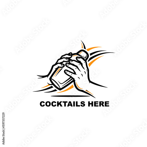Modern Logo of Bartender Hands in Motion Shaking a Cocktail, Dynamic Curved Lines