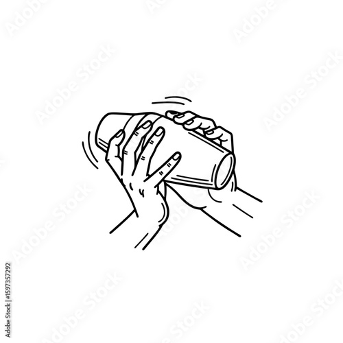 Minimalist Bartender Logo Showing Two Hands Shaking a Cocktail Shaker, Clean Black Outlines
