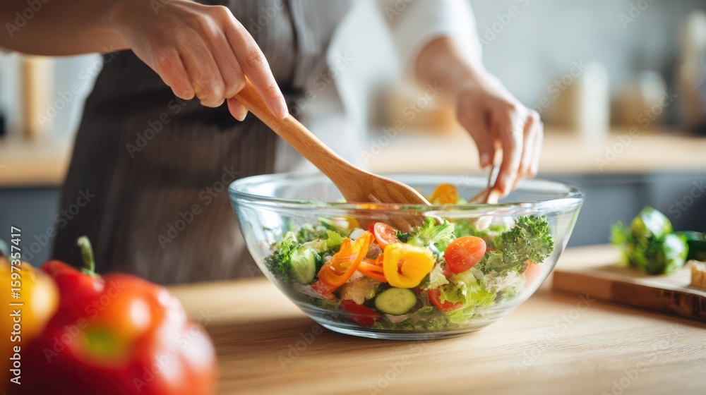 Asian woman in minimalist kitchen preparing homemade salad, wooden spoon in hand, mixing vibrant fresh veggies in glass bowl, healthy lifestyle, warm tones and modern kitchen setup Asian woman in minimalist kitchen preparing homemade salad, wooden spoon in hand, mixing vibrant fresh veggies in glass bowl, healthy lifestyle, warm tones and modern kitchen setup