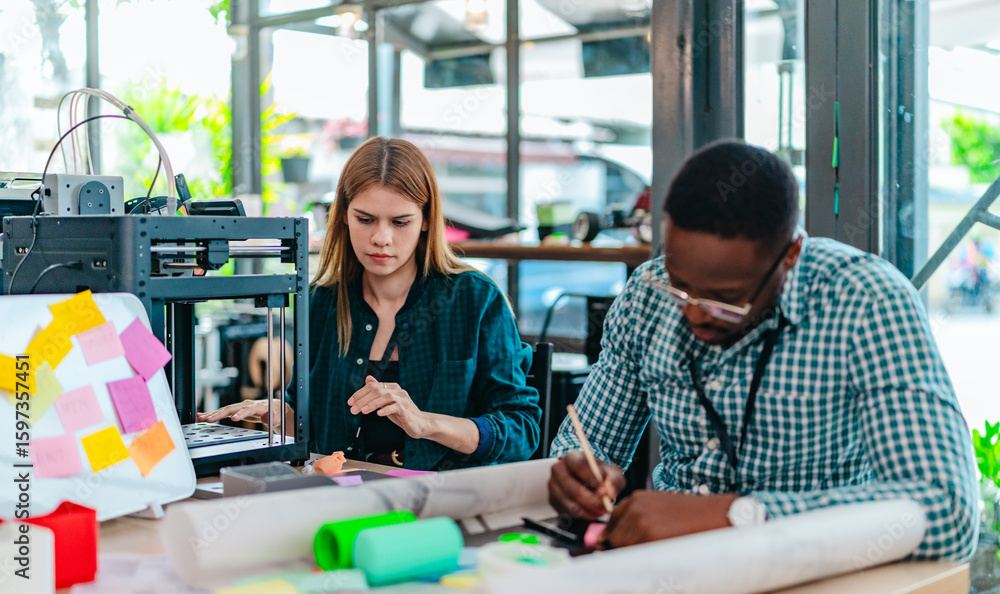 Obraz premium Diverse Startup Team Working on 3D Printing Project