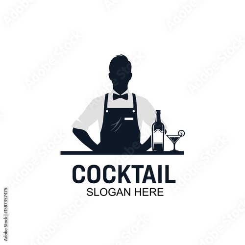 Silhouette Bartender Logo With Apron and Cocktail Bottle, Flat Vector