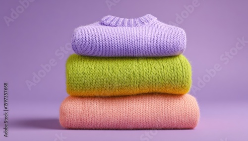 Three colorful sweaters stacked on a purple background