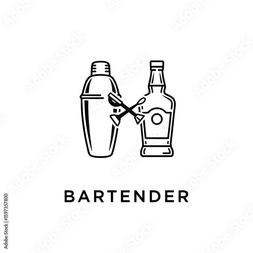 Bartender Logo With Cocktail Shaker and Bottle, Symmetrical Design