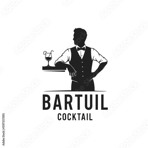 Creative Bartender Silhouette Logo, Side View With Bartender Leaning on Bar