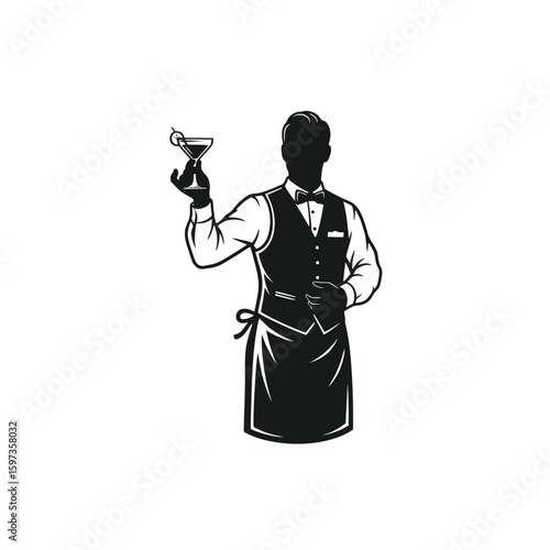 Classic Bartender Silhouette Logo, Bartender With Vest and Apron, Holding a Glass