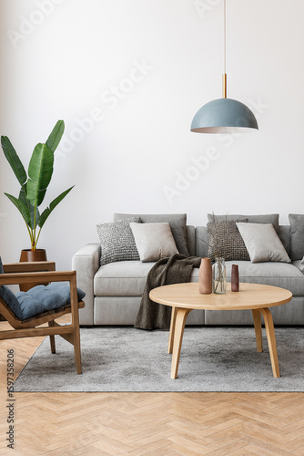 Modern living room setting with classic parquet flooring. Furnished with a light gray sofa, blue armchair with wooden frame, modern blue ceiling lamp, wooden coffee table and gray carpet