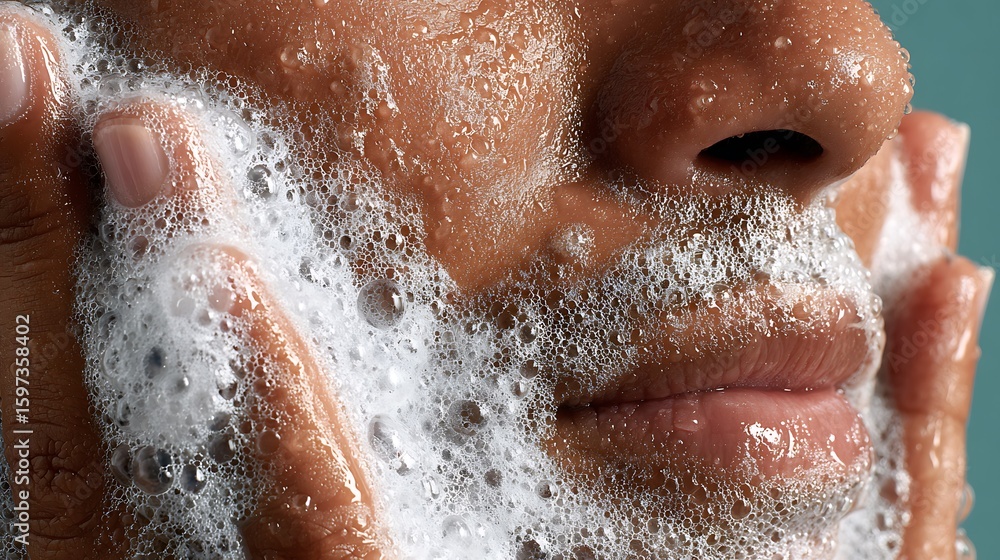 Fototapeta premium Face Washing with Soap Suds Closeup Gentle Cleansing and Skincare Routine