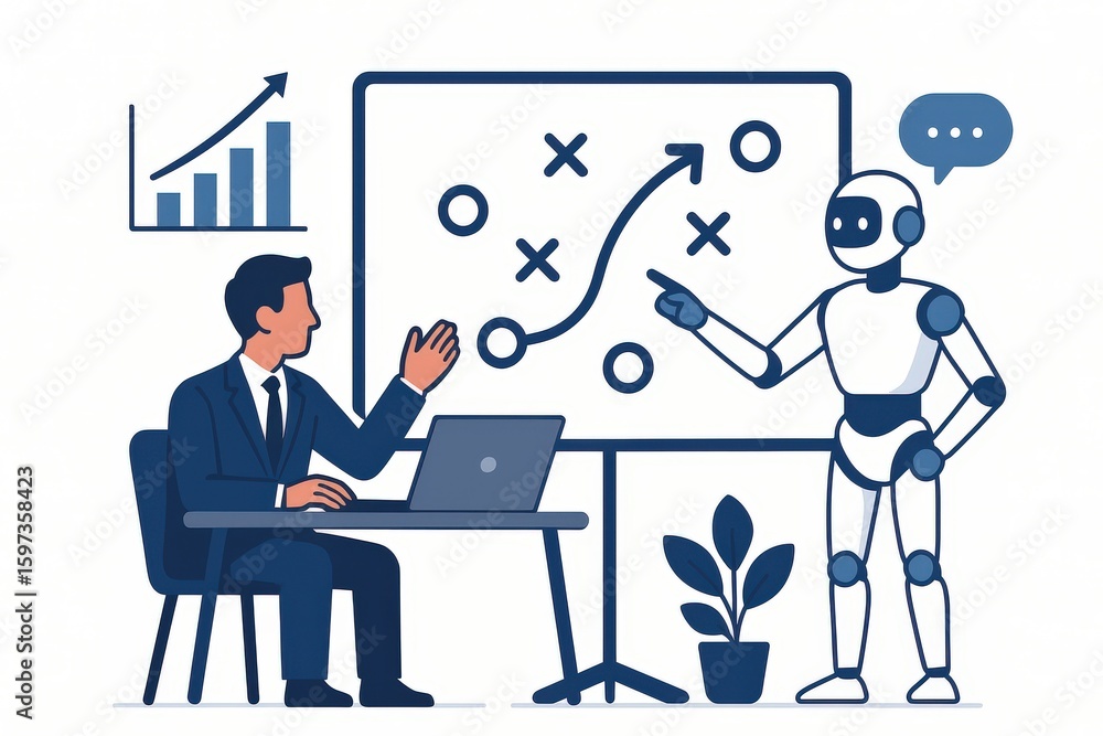 Fototapeta premium Business strategist engaged in analytical meeting with AI assistant presenting growth strategies in a modern workspace emphasizing collaboration and technological integration
