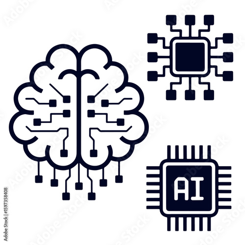 Artificial Intelligence Conceptualization Brain and Chip Set Symbolic Representation of Technological Advancement and Cognitive Computing Design