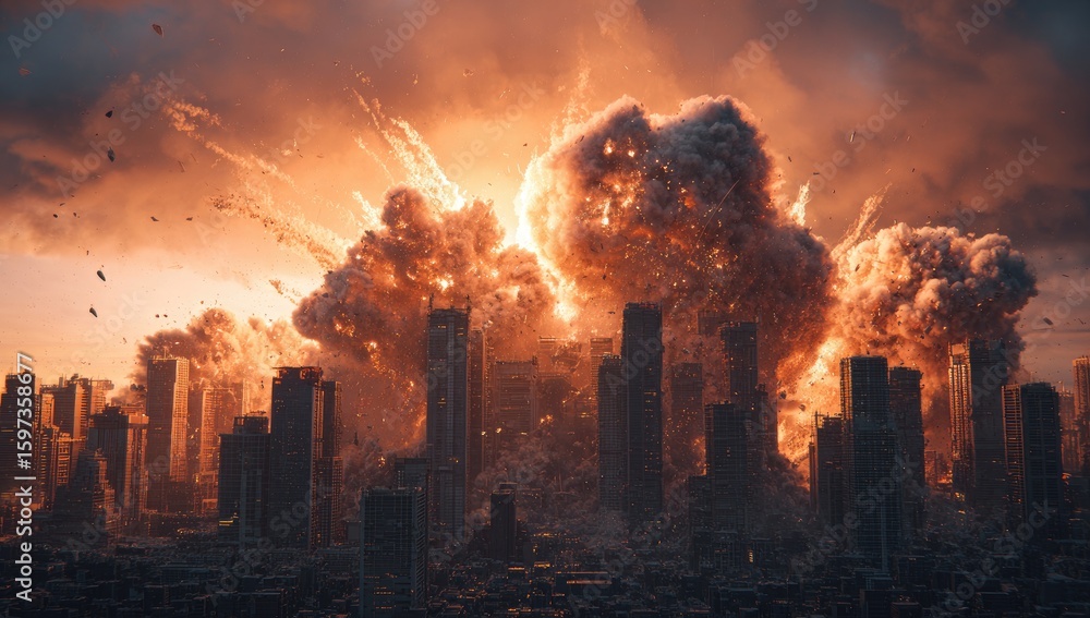 Fototapeta premium Massive explosion over city skyline at sunset