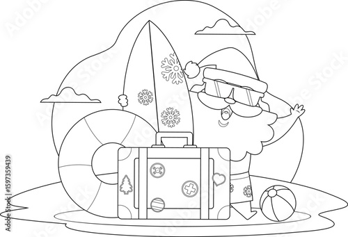 Summer Santa Claus Coloring Page With Surfboard And Suitcase On Beach – Black and White 